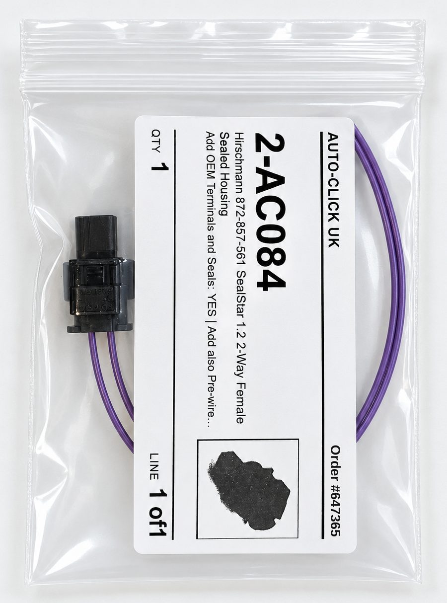 Pre-wired connector, crimped, bagged and labelled with the order number